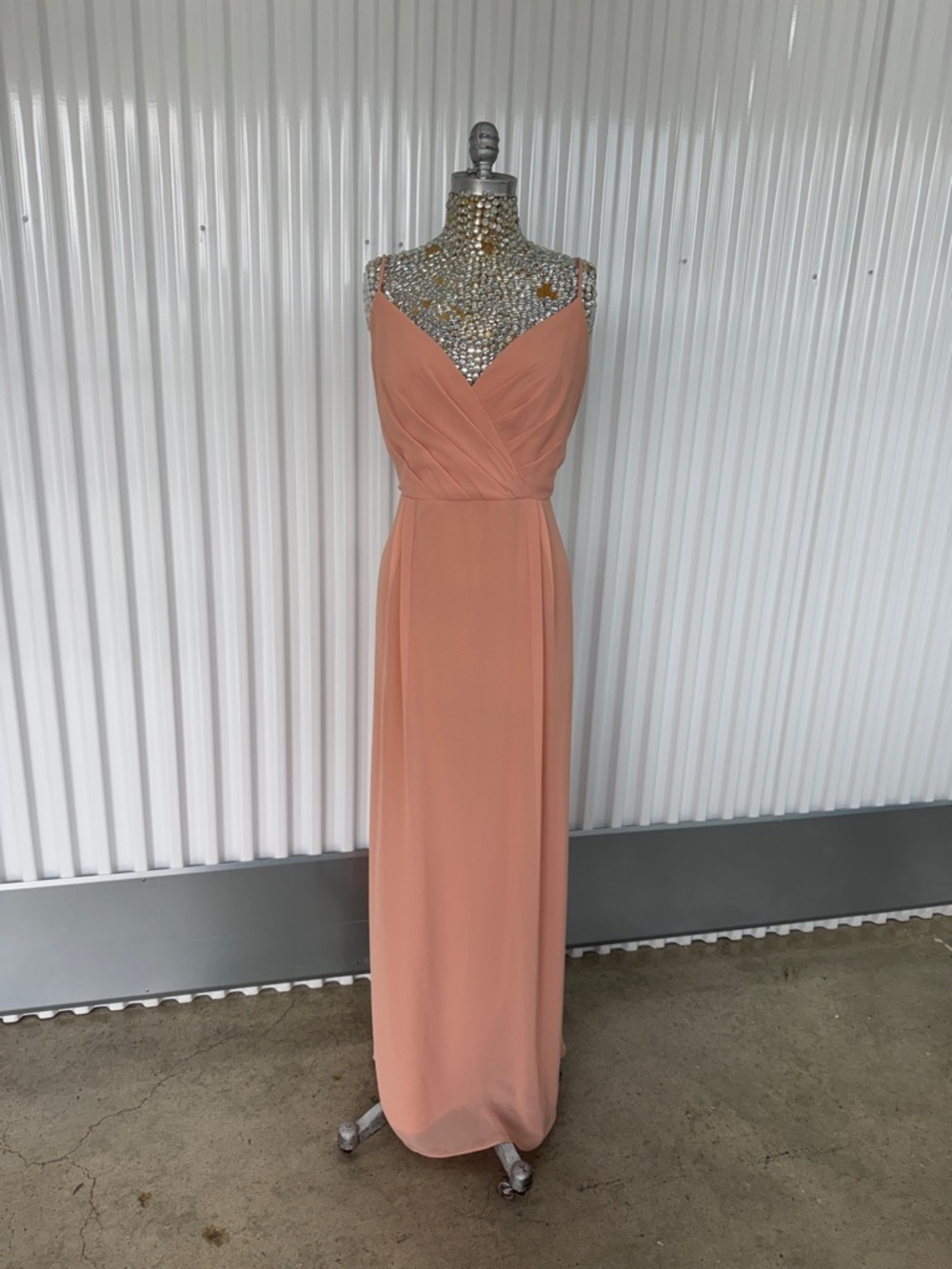 Bill Levkoff Peach Chiffon Draped V-Neck Maxi Dress